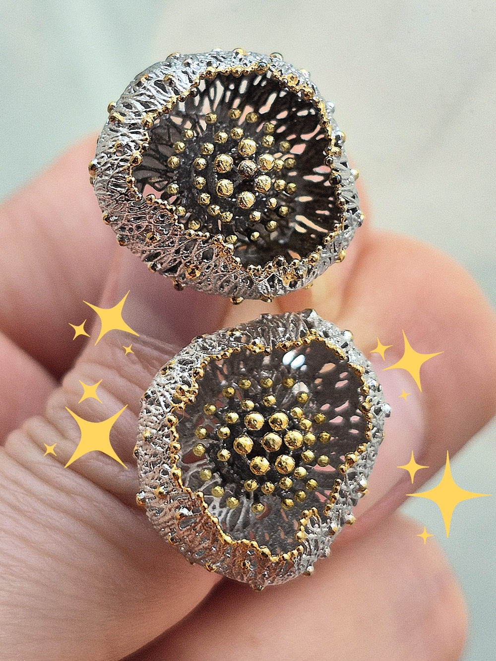 Rare* Contemporary Modern 925 Sterling Silver Gold Floral Stud Earrings